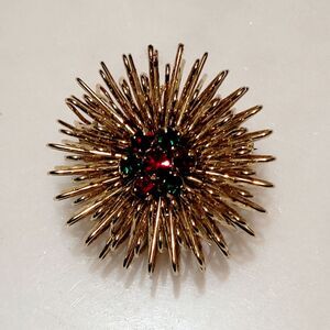 Vintage Poof Brooch Pin Flower Floral Green Red Rhinestones Gold Tone